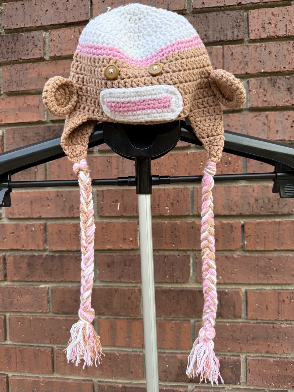 Toddler Crochet Monkey Winter Hat Earflap Braided Tassels Pink Brown White EUC